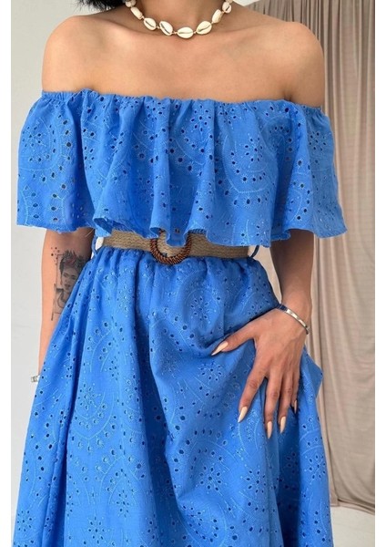 Bebe Mavi Omzu Lastikli Brode Elbise modelleri