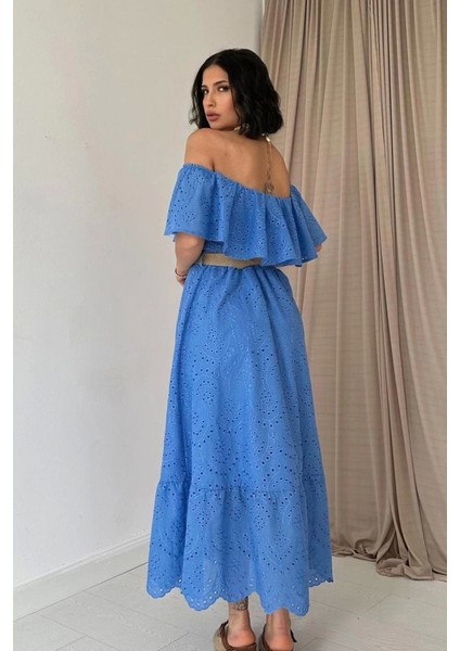 Bebe Mavi Omzu Lastikli Brode Elbise fırsatları