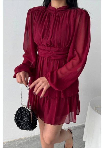 Şifon Katlı Uzun Kol Elbise - Bordo modelleri