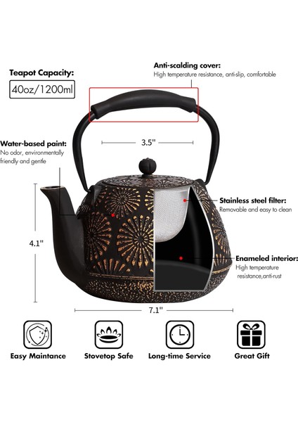 Döküm Demir Çaydanlık, Ocak Üstü Için, Emaye Iç Kaplamalı Çay ve Kahve Için Sakura Tasarım Japon Çaydanlığı, Silikon Saplı 1200ML Siyah fırsatları