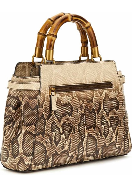 Kadın Bambu Saplı Yılan Desenli Omuz Çantası - Bej