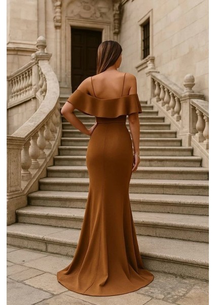 Kadın Dalgıç Krep Yırtmaç Detaylı Askılı Maxi Boy Elbise fiyatları