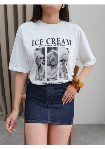 Kadın Oversize Kısa Kollu Baskılı %100 Pamuk T-Shirt