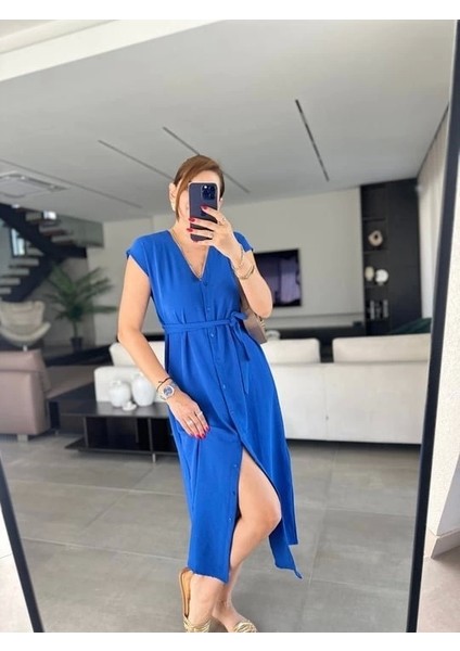 Kadınn V Yaka Düğme Detay Kuşak Dahil Elbise