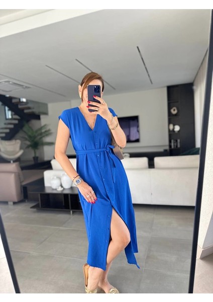 Kadınn V Yaka Düğme Detay Kuşak Dahil Elbise modelleri