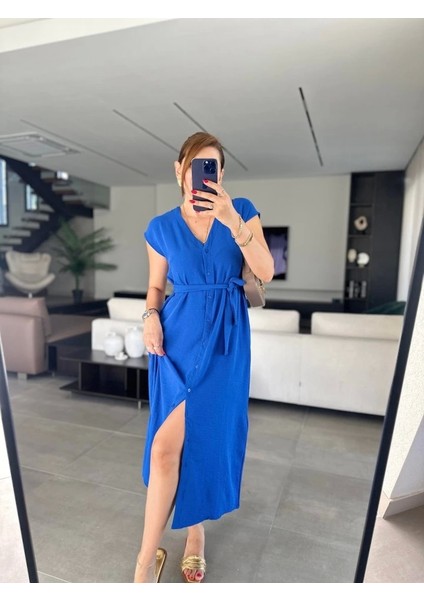 Kadınn V Yaka Düğme Detay Kuşak Dahil Elbise fırsatları