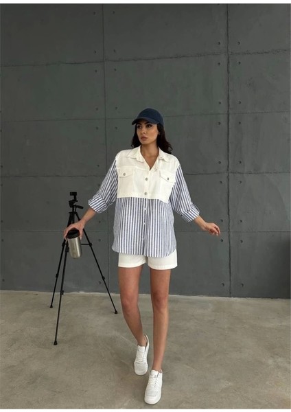 Gabardin Şort - Gabardin - Çizgili Keten Garnili Ceket Takım - Lacivert