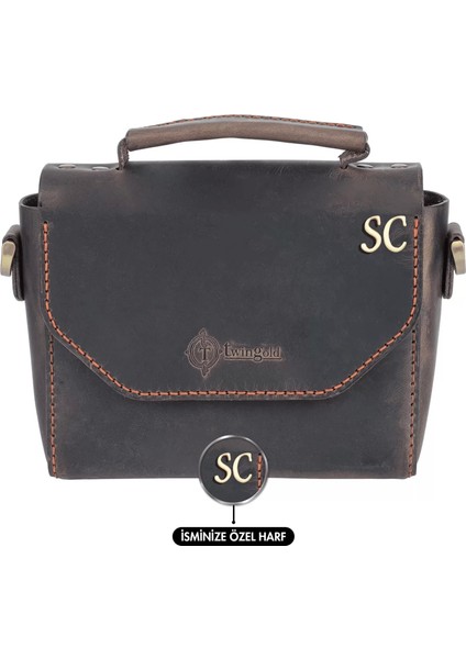 Isme Özel Çıtçıtlı Küçük Boy Zincirli El Omuz Çantası - %100 Crazy Deri - AC14003 - Kahverengi