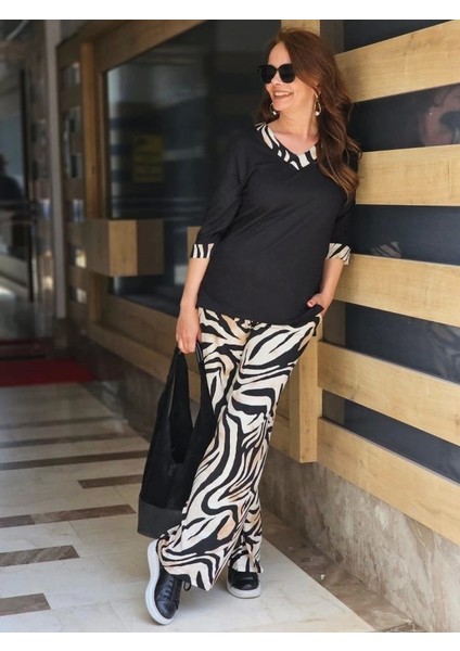 Kadın Kumaş V Yaka Dirsek Kol Zebra Desenli Ikili Takım