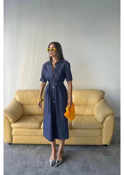 Tencel Önden Düğmeli Kısa Kol Elbise - Mavi