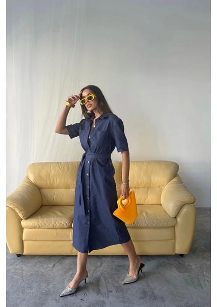 Tencel Önden Düğmeli Kısa Kol Elbise - Mavi fiyatları