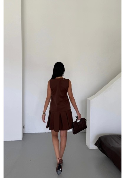 Yelek - Pileli Etek Görünümlü Elbise - Kahverengi fırsatları