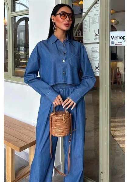 Denim Gömlek Plazzo Pantolon Takım 10163-08 indirimleri