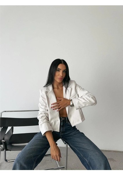 Deri Crop Ceket Tek Düğme - Beyaz