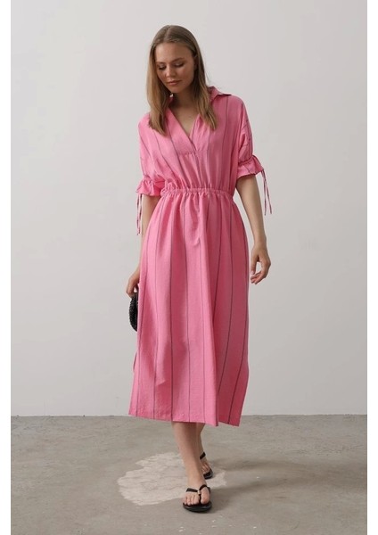 Beli Lastikli Elbise - Pembe