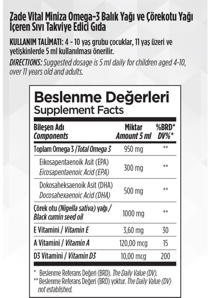Miniza Omega 3-Çörek Otu Yağı Içerikli Sıvı Takviye Edici Gıda 150 ml