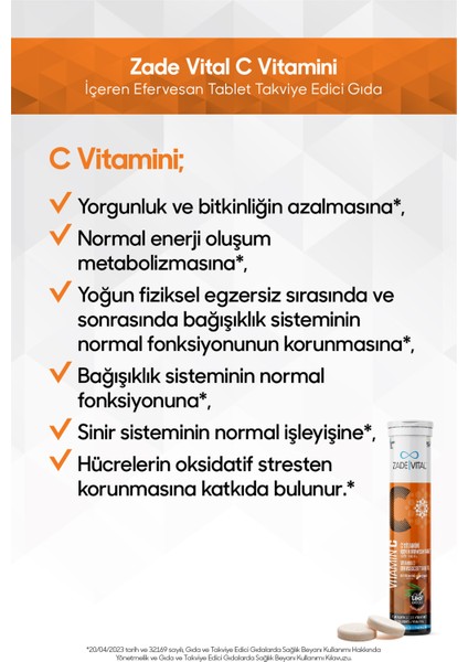 Vitamin C Takviye Edici Gıda 20 Efervesan Tablet