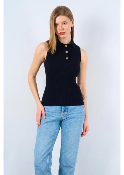 Patlı Düğmeli Triko Atlet - Siyah modelleri