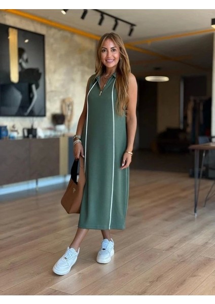 Kadın Modal Kumaş Şerit Detaylı Fermuarlı Midi Elbise indirimleri