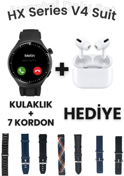 Hx Series V4 Suit Yuvarlak Akıllı Saat 7 Kordon ve Kulaklık Hediyeli Akıllı Saat