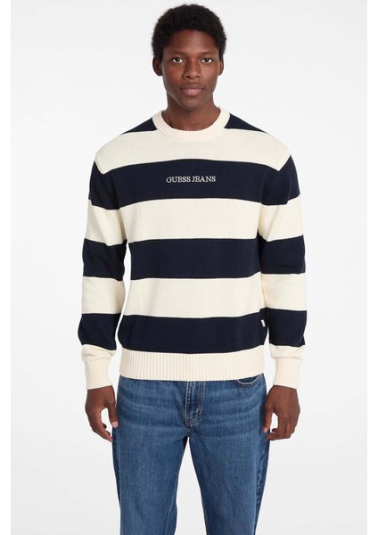 Erkek Triko Çizgili Bisiklet Yaka Kazak - Lacivert/ekru