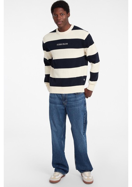 Erkek Triko Çizgili Bisiklet Yaka Kazak - Lacivert/ekru modelleri