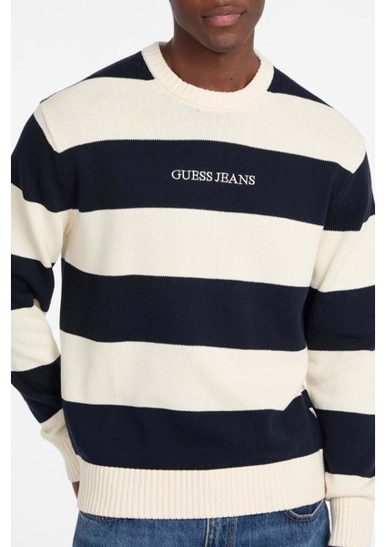 Erkek Triko Çizgili Bisiklet Yaka Kazak - Lacivert/ekru fırsatları