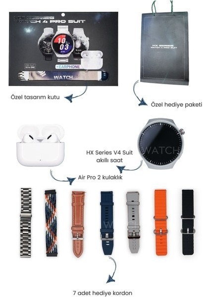 Hx Series V4 Suit Yuvarlak Akıllı Saat 7 Kordon ve Kulaklık Hediyeli Akıllı Saat indirimleri