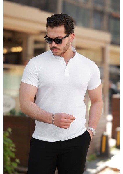 Erkek Hakim Yaka Dokuma Pamuklu Kumaş Kısa Kollu T-Shirt