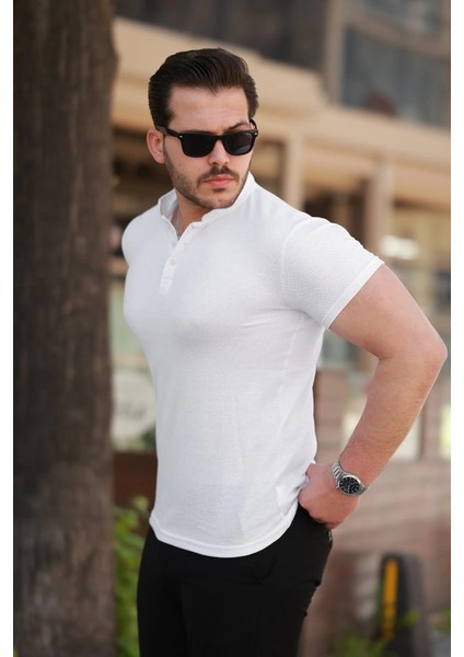 Erkek Hakim Yaka Dokuma Pamuklu Kumaş Kısa Kollu T-Shirt fiyatları
