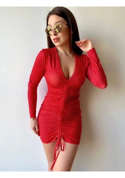 Kadın V Yaka Önü Asansör Büzgü Detay Fırsat Ürün Puantiyeli Mini Elbise fiyatları