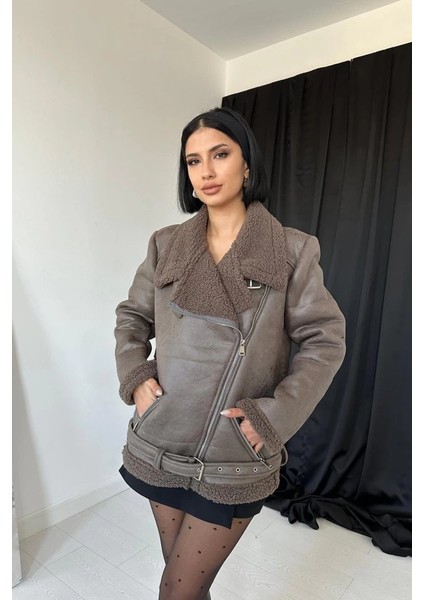 Haki Apoletli Kürklü Ceket