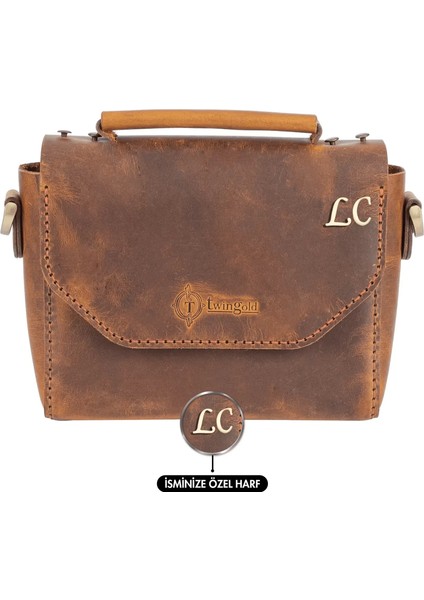 Isme Özel Çıtçıtlı Küçük Boy Zincirli El Omuz Çantası - %100 Crazy Deri - AC14003 - Taba