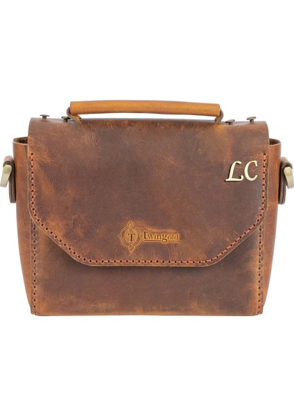 Isme Özel Çıtçıtlı Küçük Boy Zincirli El Omuz Çantası - %100 Crazy Deri - AC14003 - Taba fiyatları