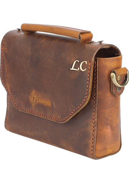 Isme Özel Çıtçıtlı Küçük Boy Zincirli El Omuz Çantası - %100 Crazy Deri - AC14003 - Taba modelleri