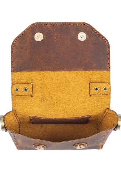 Isme Özel Çıtçıtlı Küçük Boy Zincirli El Omuz Çantası - %100 Crazy Deri - AC14003 - Taba fırsatları