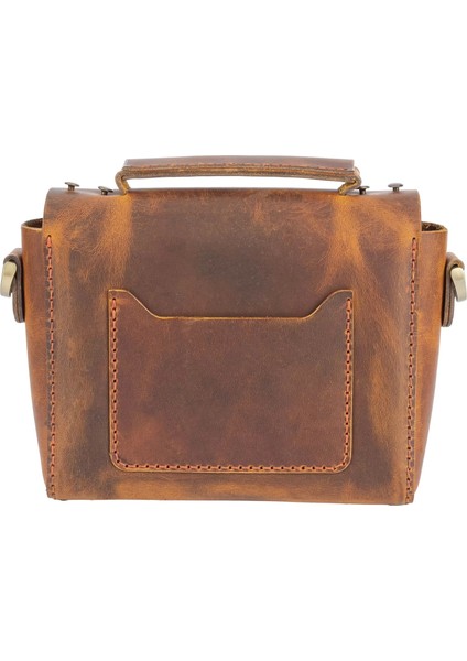 Isme Özel Çıtçıtlı Küçük Boy Zincirli El Omuz Çantası - %100 Crazy Deri - AC14003 - Taba indirimleri