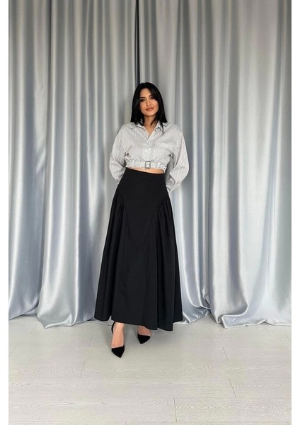 Siyah Yanları Büzgülü Uzun Etek