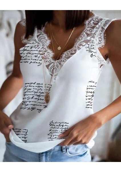 Kadın Mektup Desenli Dantel Detaylı Mikro Kumaş Bluz