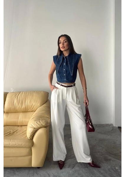 Mavi Yaka Detaylı Denim Crop