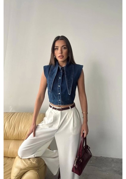 Mavi Yaka Detaylı Denim Crop modelleri