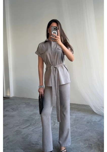 Çizgili Polyviskon Bluz - Pantolon Takım - Gri