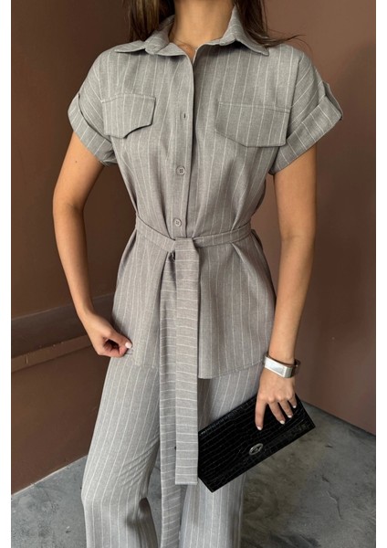 Çizgili Polyviskon Bluz - Pantolon Takım - Gri fiyatları