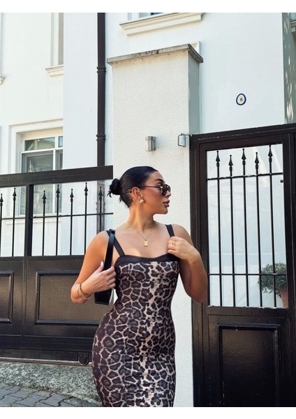 Kadın Dalgıç Kumaş Dijital Leopar Baskılı Midi Boy Elbise modelleri
