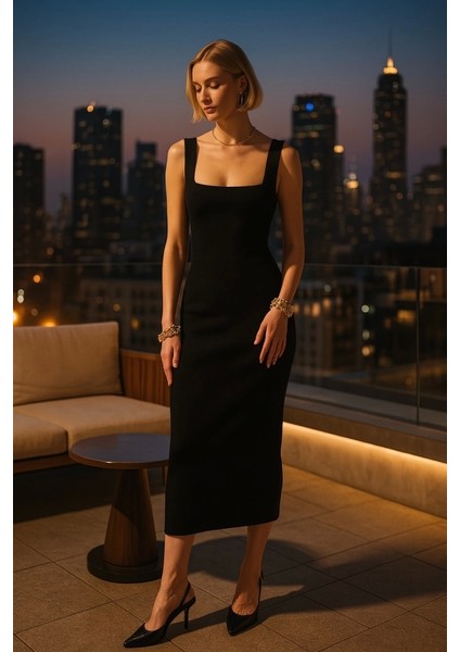 Kalın Askılı Midi Elbise