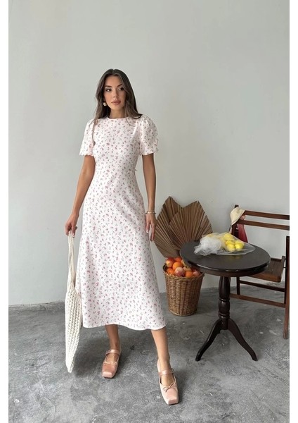 Pembe Dijital Baskılı Atlas Elbise