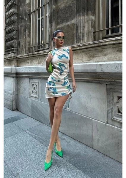 Marilyn Desenli Büzgülü Elbise 2514-13