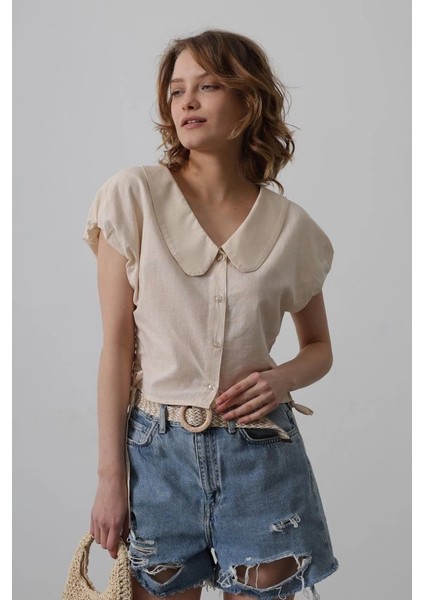 Bebe Yaka Yanları Bağlamalı Bluz - Taş