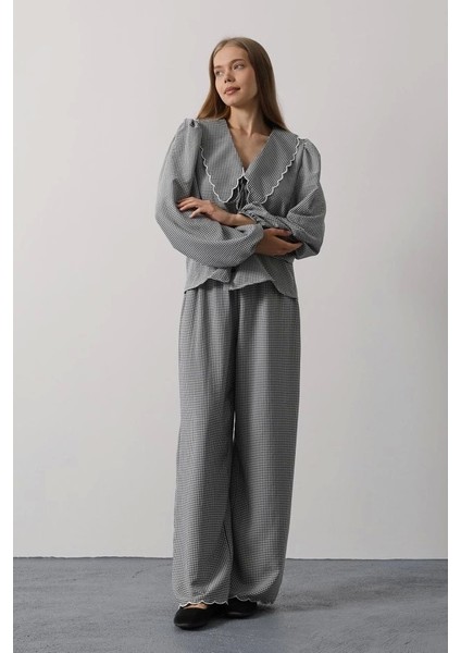 Işlemeli Bebe Yakalı Pantolon Takım - Siyah modelleri