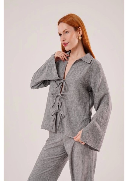 Ön Bağlama Detaylı Pantolon ve Gömlek Antrasit Ikili Takım fiyatları